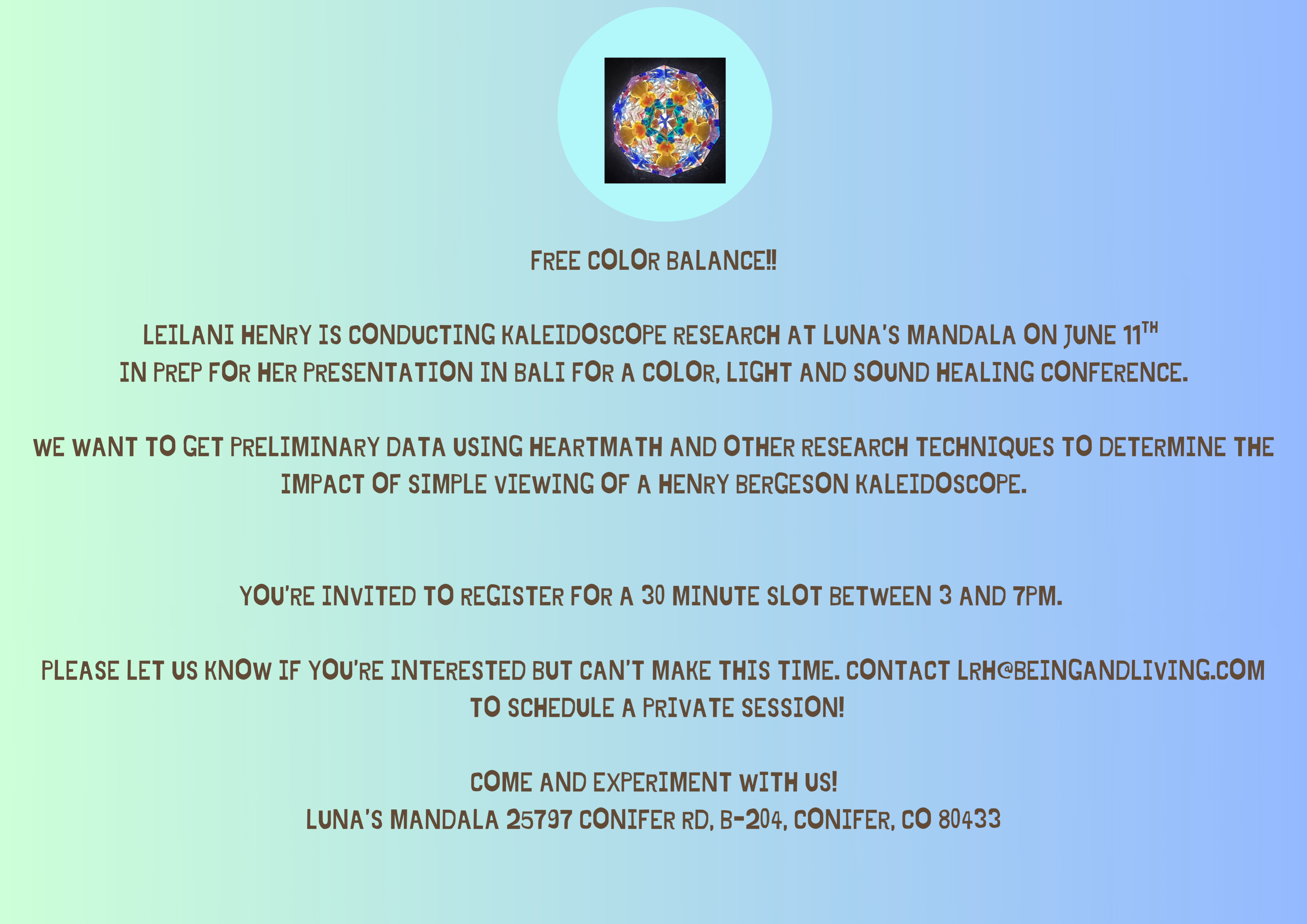 Flyer summarizing explanation text (below) for the event at Luna's Mandala in Conifer.