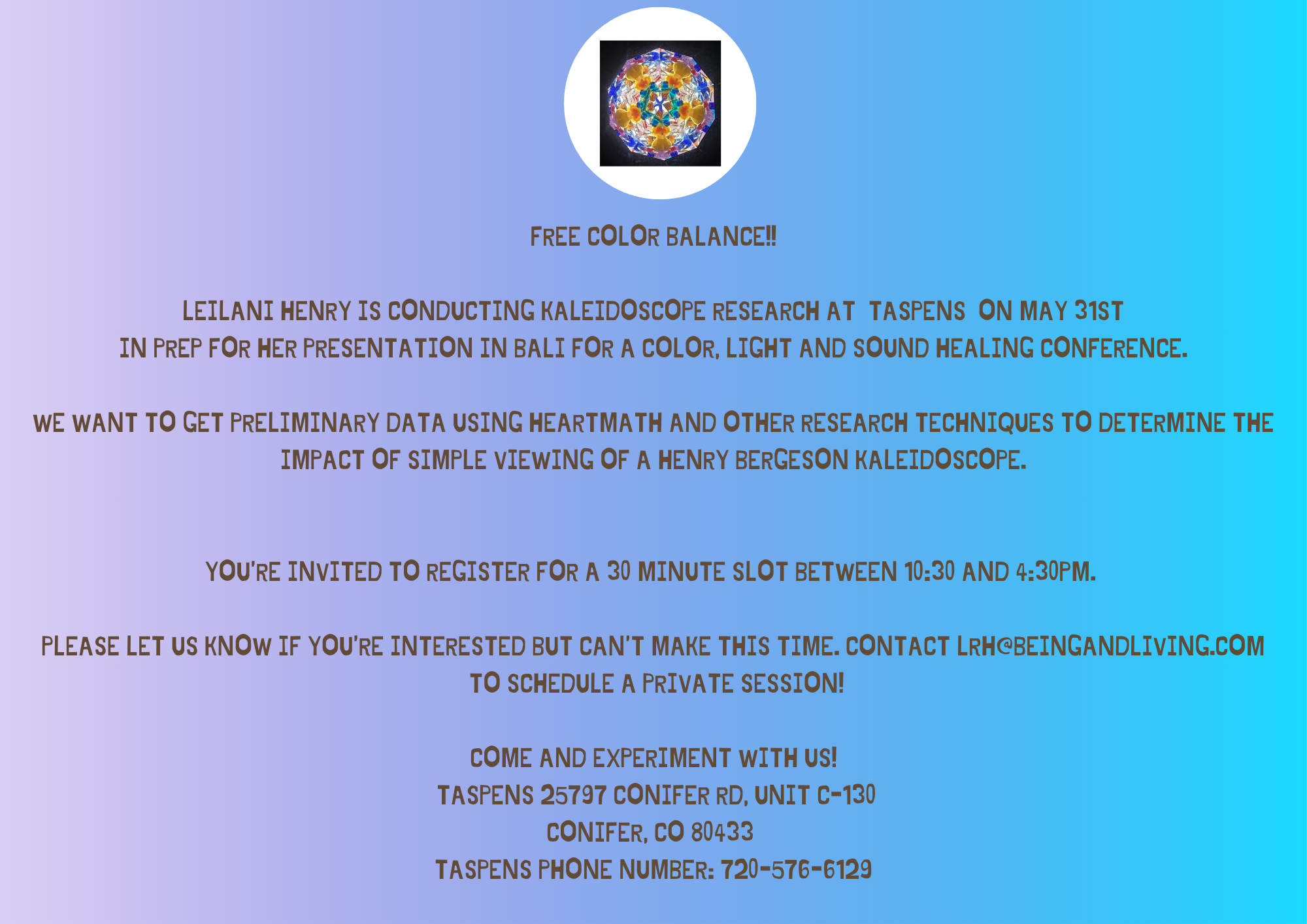 Flyer summarizing explanation text (below) for the event at Taspen's Organics in Conifer.