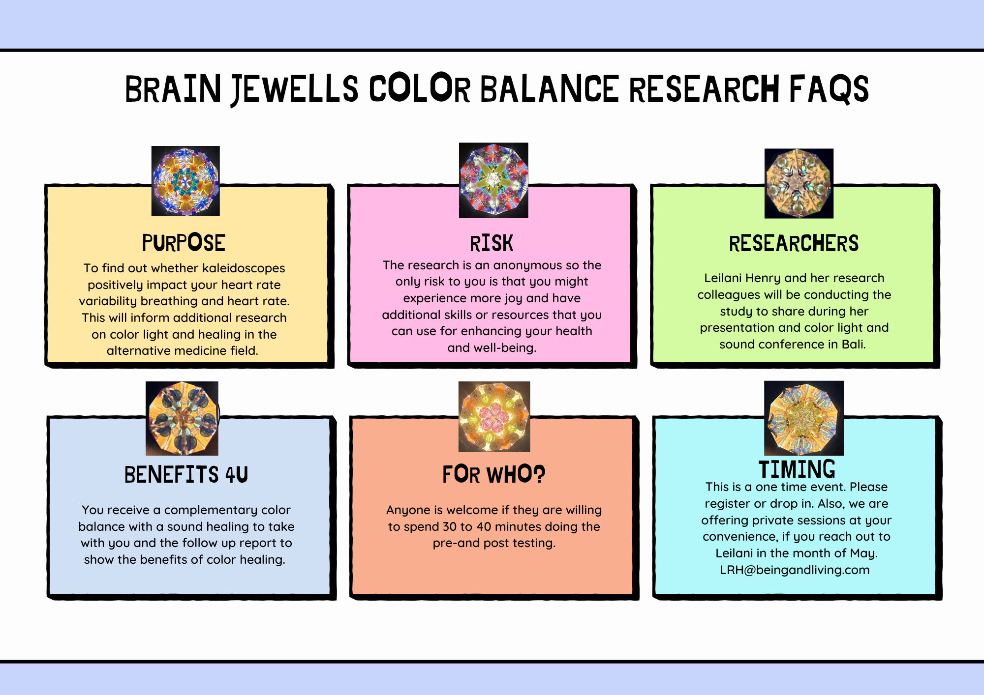 FAQ summarizing text in explanation section (below) Grouped by "Purpose" "Risk" "Researchers" "Benefits 4 U"  "For Who" and "Timing" specifically inviting opportunities to engage in the month of May by contacting lrh@beingandliving.com